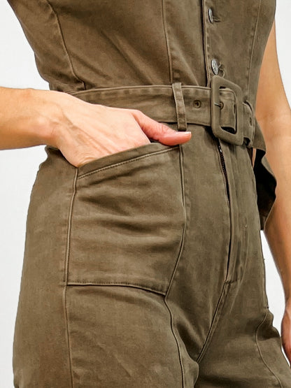 Sleeveless Stretch Twill Denim Jumpsuit