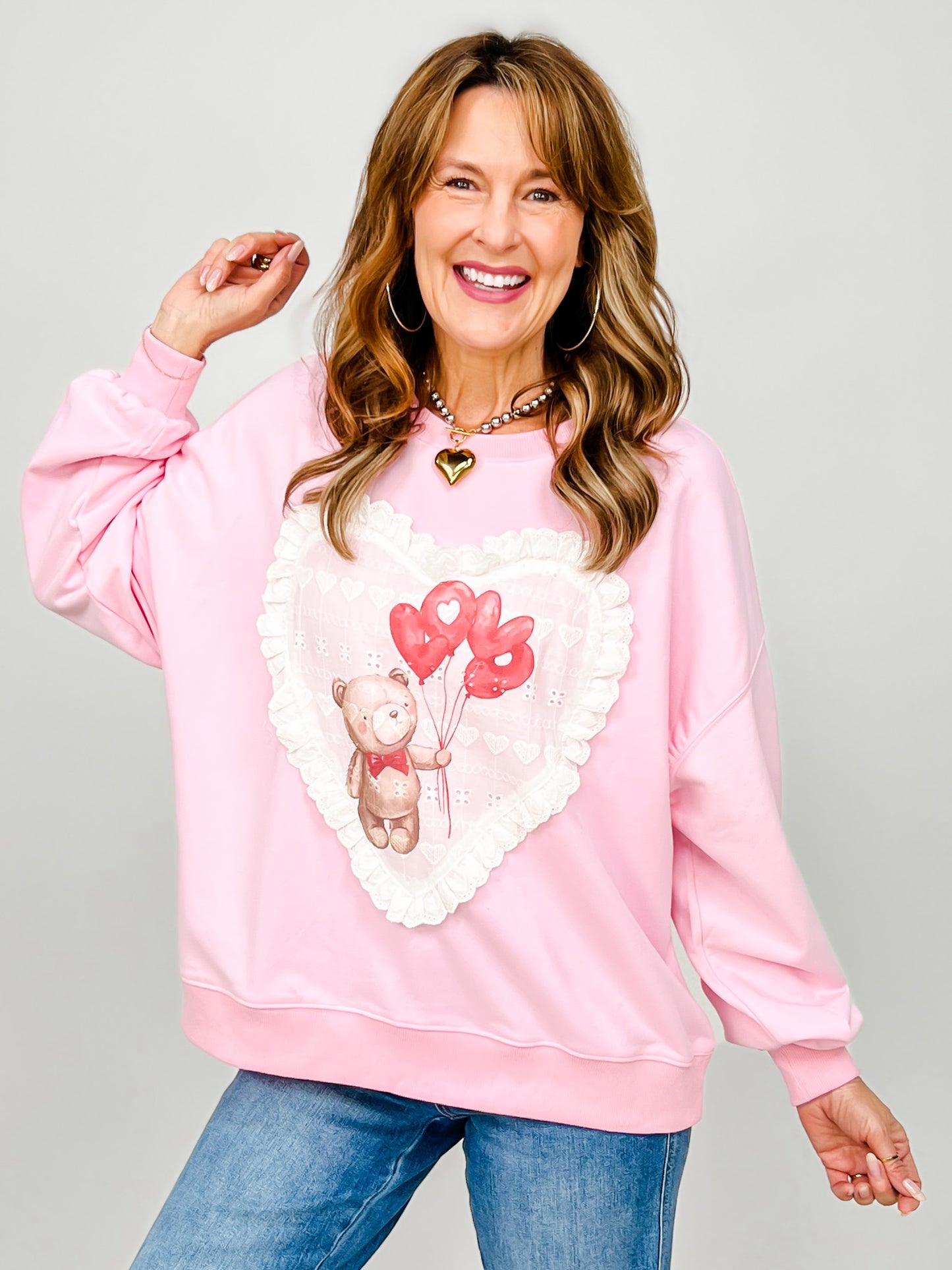 Valentine Bear Printed Eyelet Heart Shape Patch Detail Sweatshirt