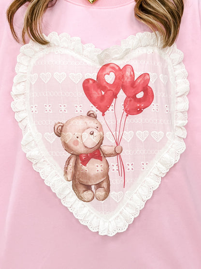 Valentine Bear Printed Eyelet Heart Shape Patch Detail Sweatshirt