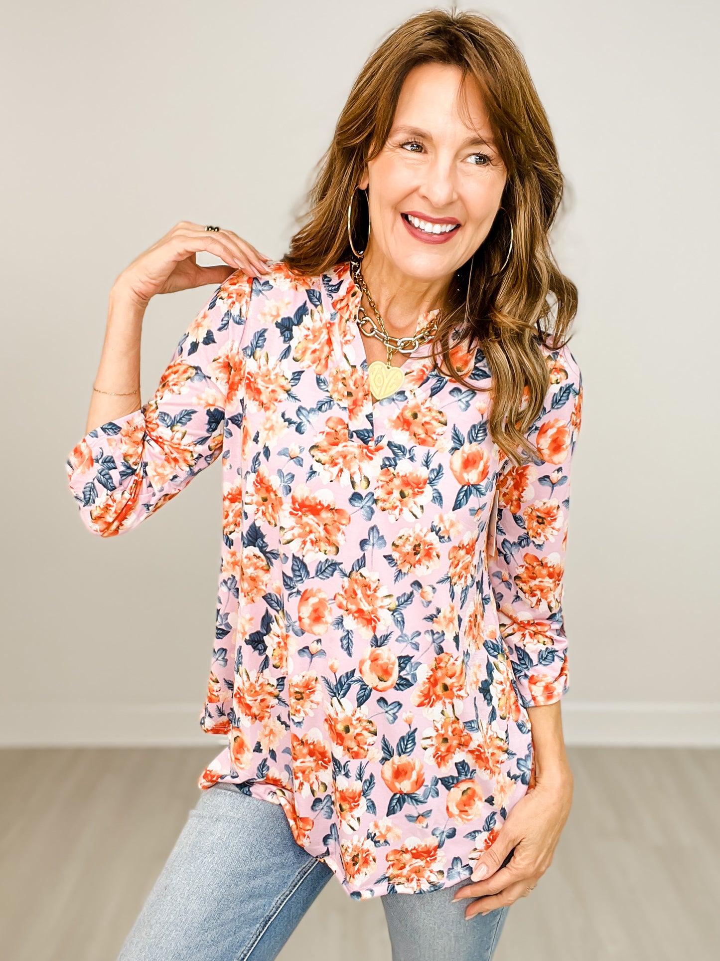 Lizzy 3/4" Sleeve Top with Mandarin Collar Split Neckline