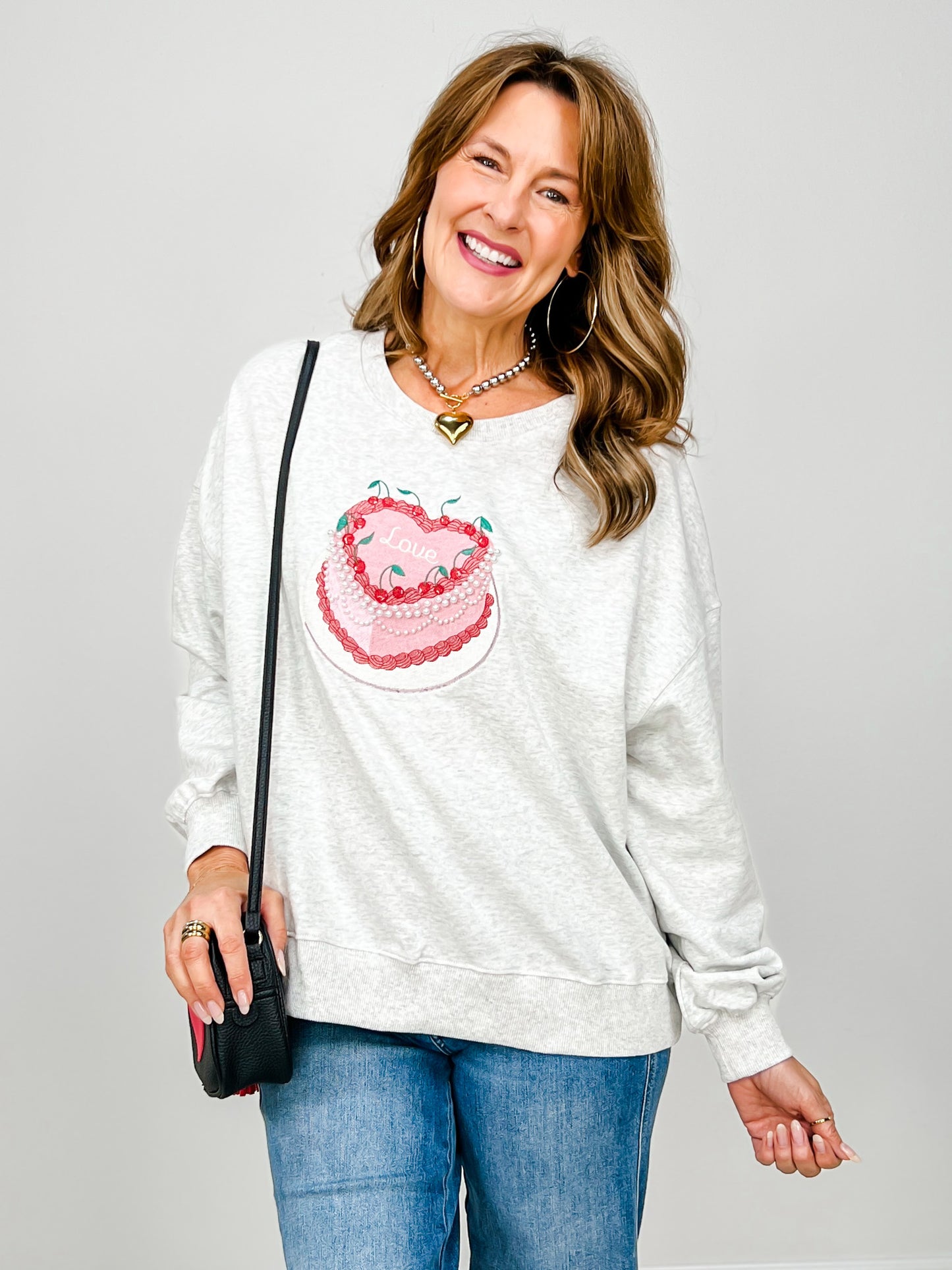Heart Cake Embroidery Pearl Terry Top