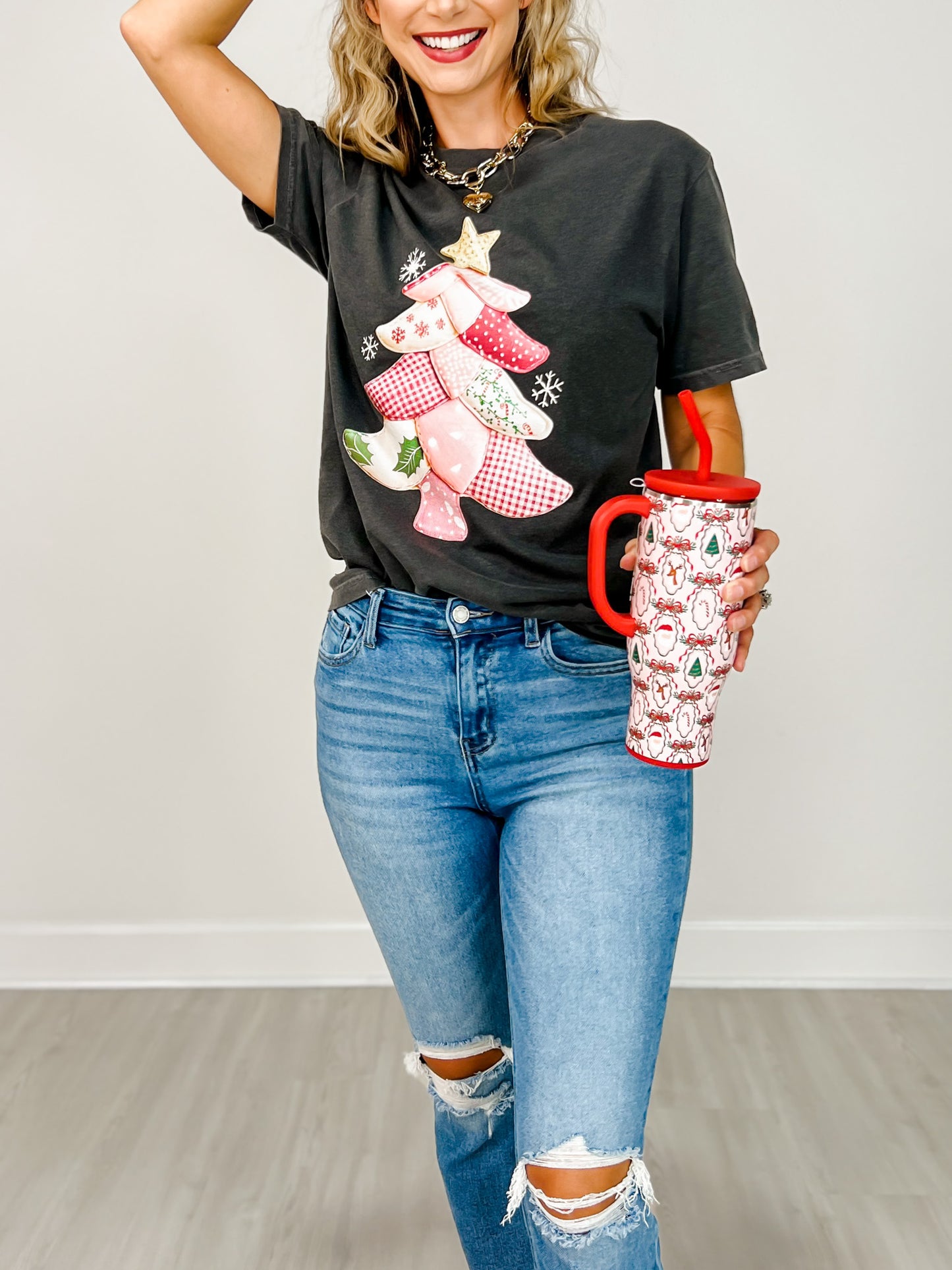 Pink Quilted Christmas Tree Graphic Top