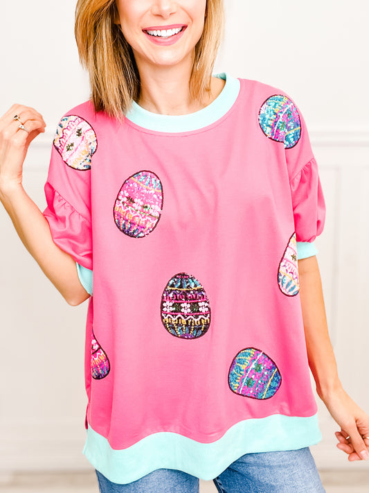 Peter Cotton Tail Half Sleeve Knit Top with Sequined Easter Eggs