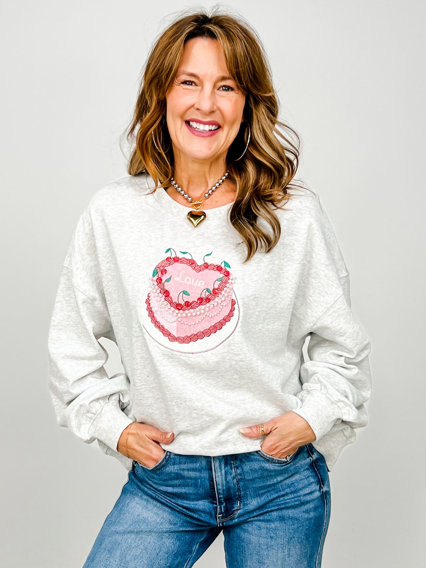 Heart Cake Embroidery Pearl Terry Top