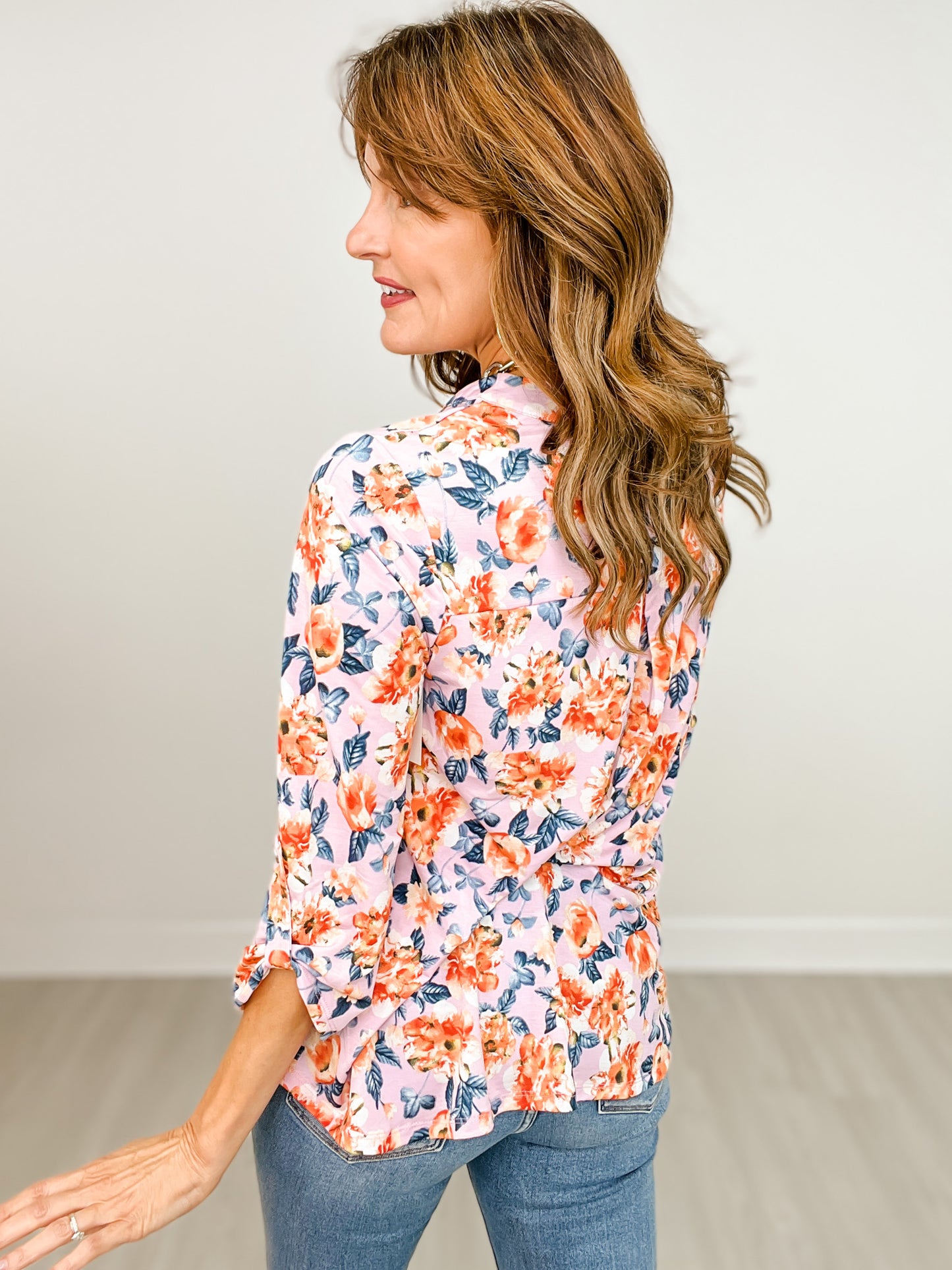 Lizzy 3/4" Sleeve Top with Mandarin Collar Split Neckline