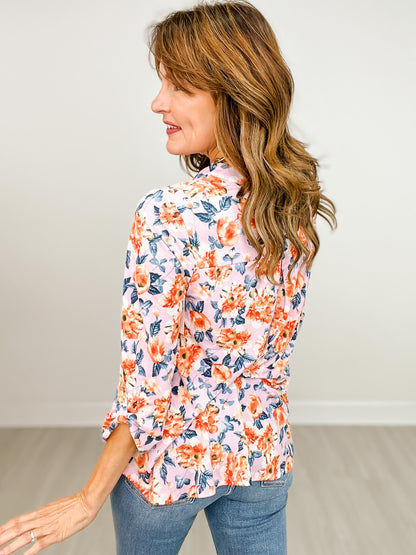 Lizzy 3/4" Sleeve Top with Mandarin Collar Split Neckline