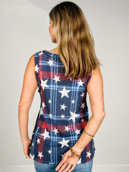 Sleeveless Red White Blue Top with Stars