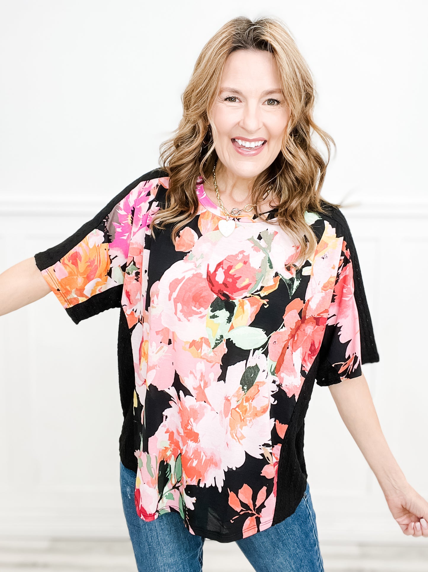 Life Is A Flower Floral Black Contrast Short Sleeve Top