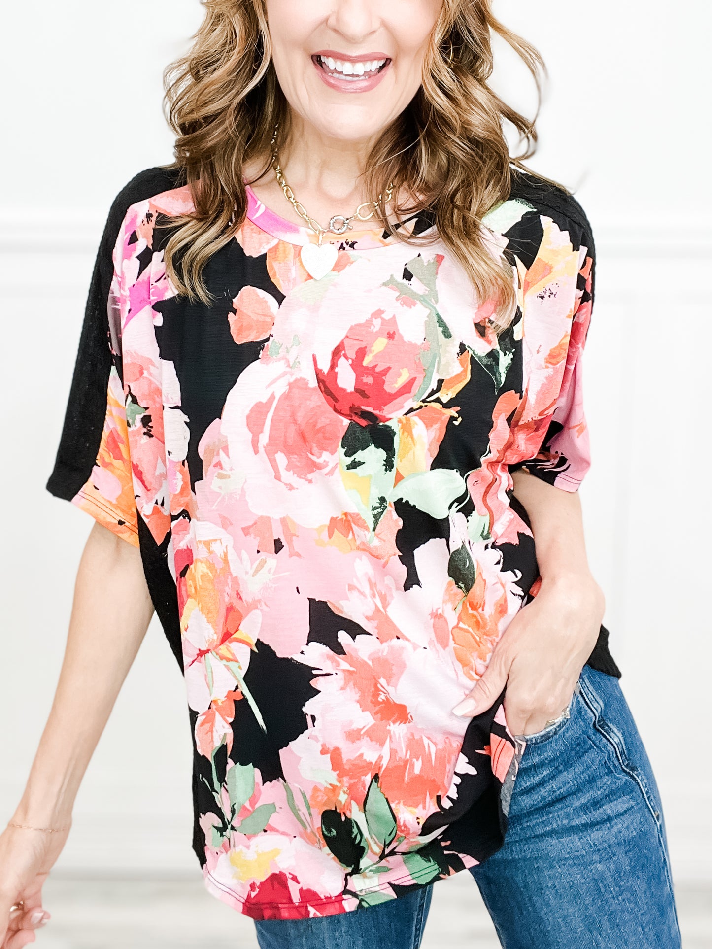 Life Is A Flower Floral Black Contrast Short Sleeve Top