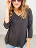 V-Neck Poly Blend 3/4" Sleeve Top in BLACK