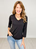V-Neck Poly Blend 3/4" Sleeve Top in BLACK