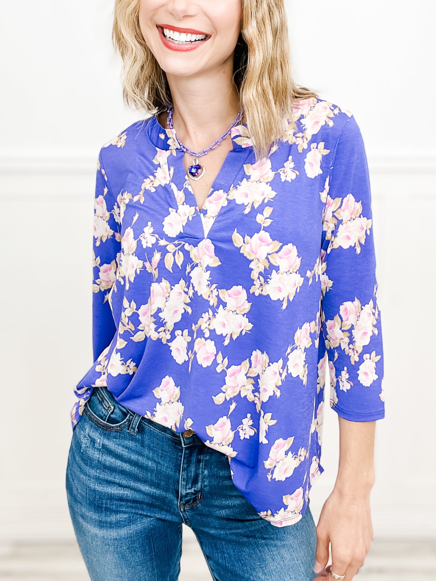 Waltz Of The Flowers Floral Gabby 3/4 Sleeve V-Neck Top