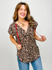 Short Sleeve Leopard Split Neck Drawstring Relaxed Top