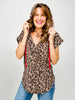 Short Sleeve Leopard Split Neck Drawstring Relaxed Top