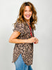 Short Sleeve Leopard Split Neck Drawstring Relaxed Top