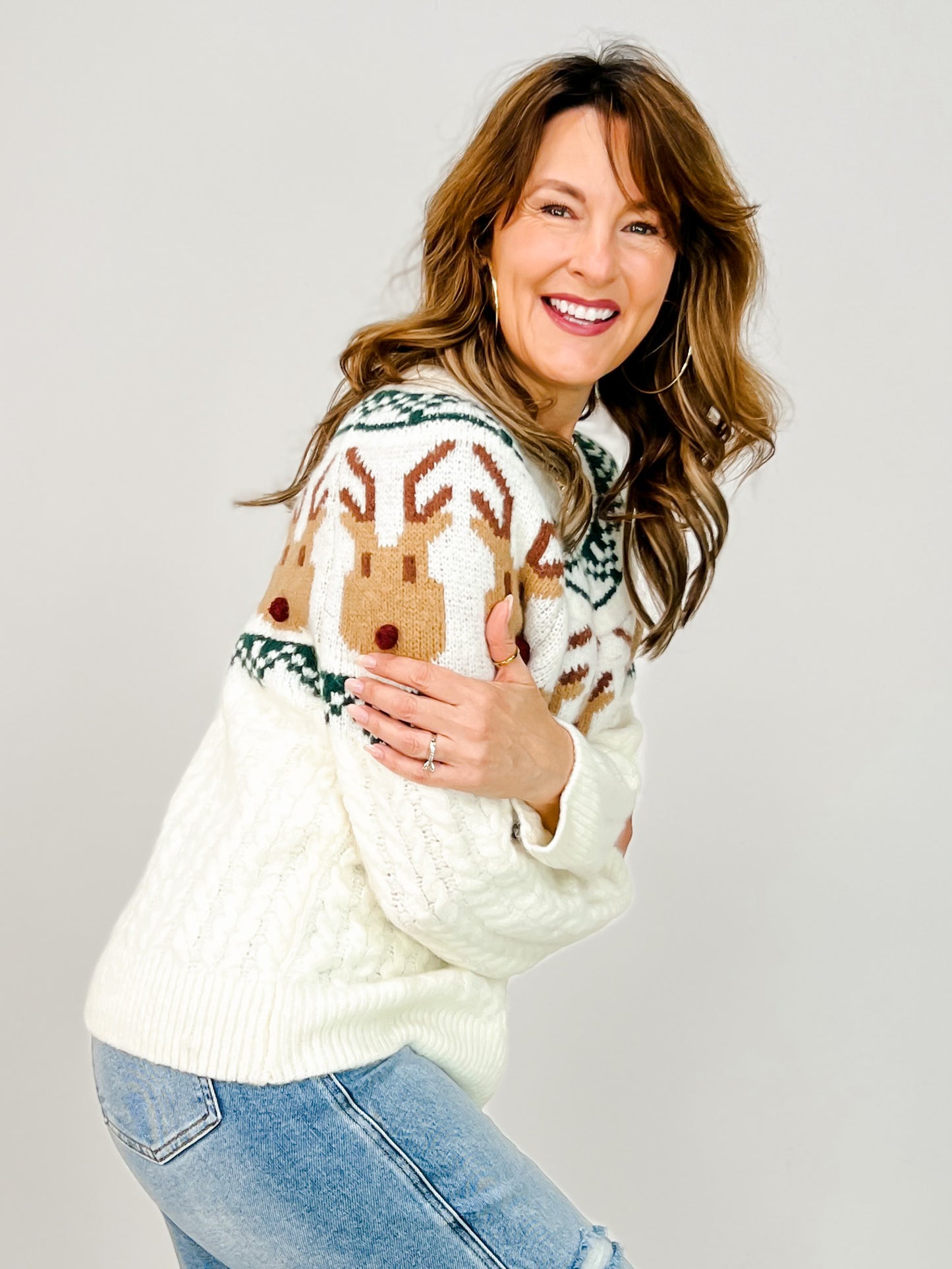 Rudolph Face Pattern Texture Christmas Sweater Top