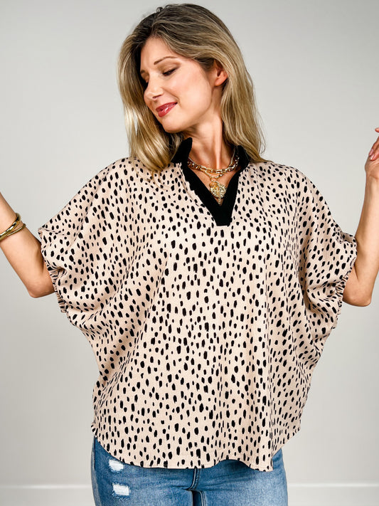 Elastic Sleeve Dolman Top with V-Neckline