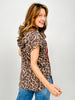 Short Sleeve Leopard Split Neck Drawstring Relaxed Top