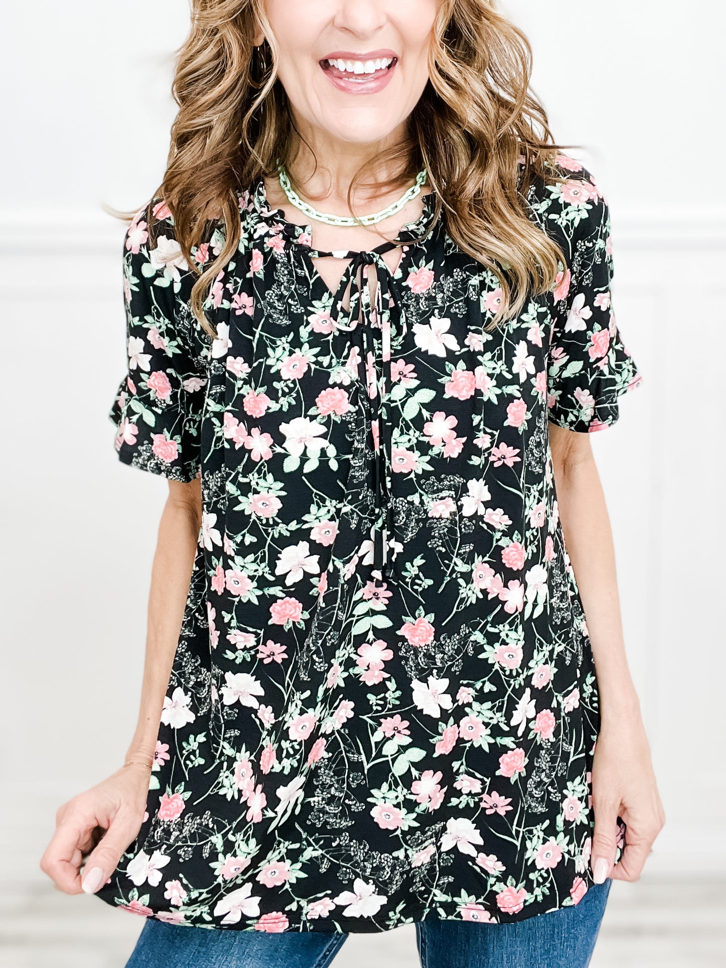 Dueling Floral Top with Drawstring Detail