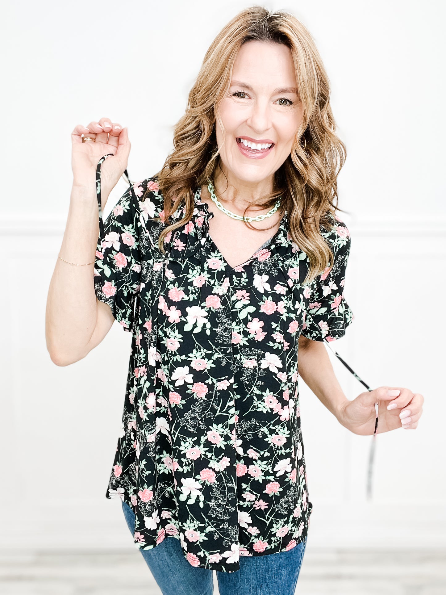 Dueling Floral Top with Drawstring Detail