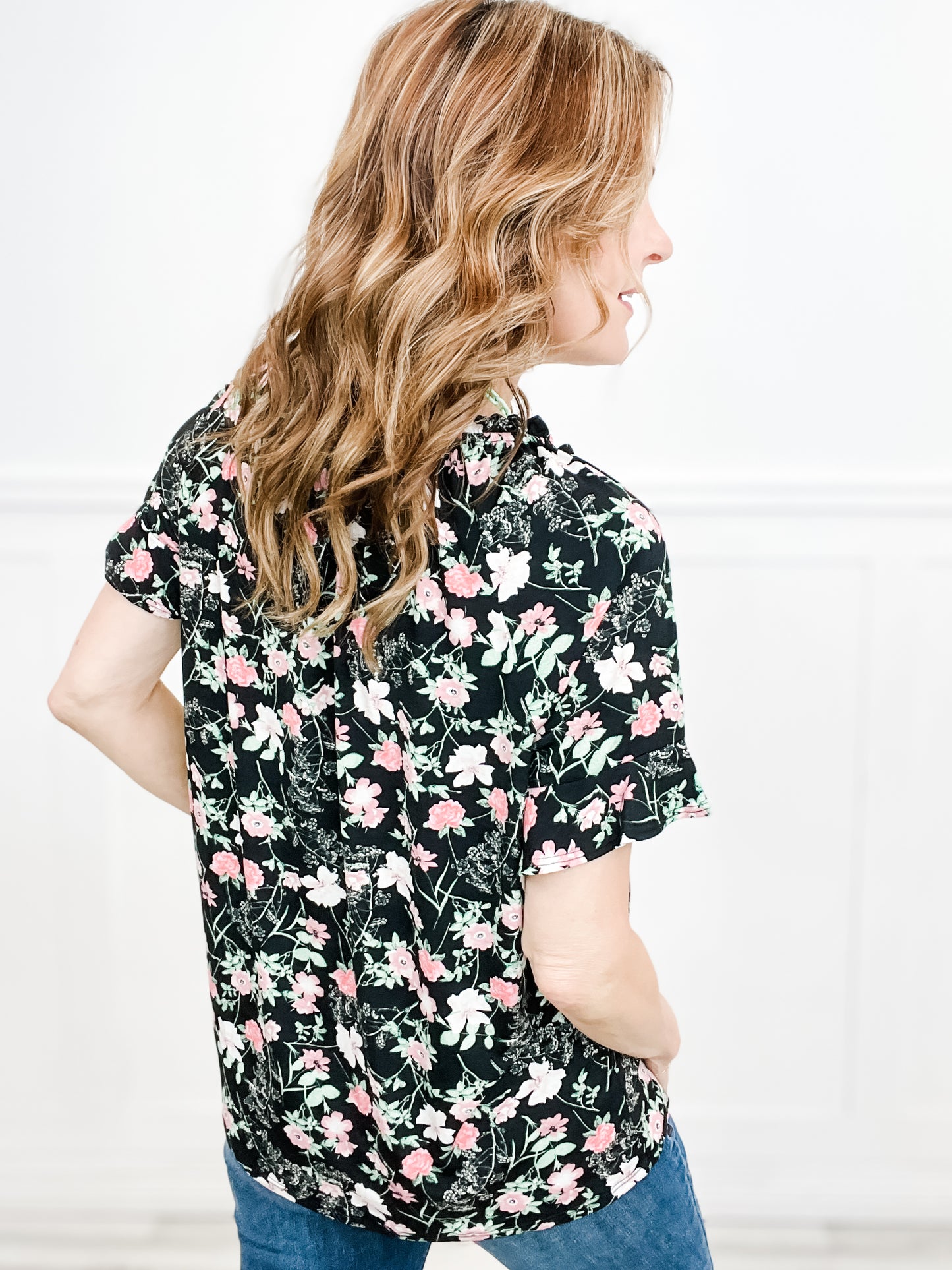 Dueling Floral Top with Drawstring Detail