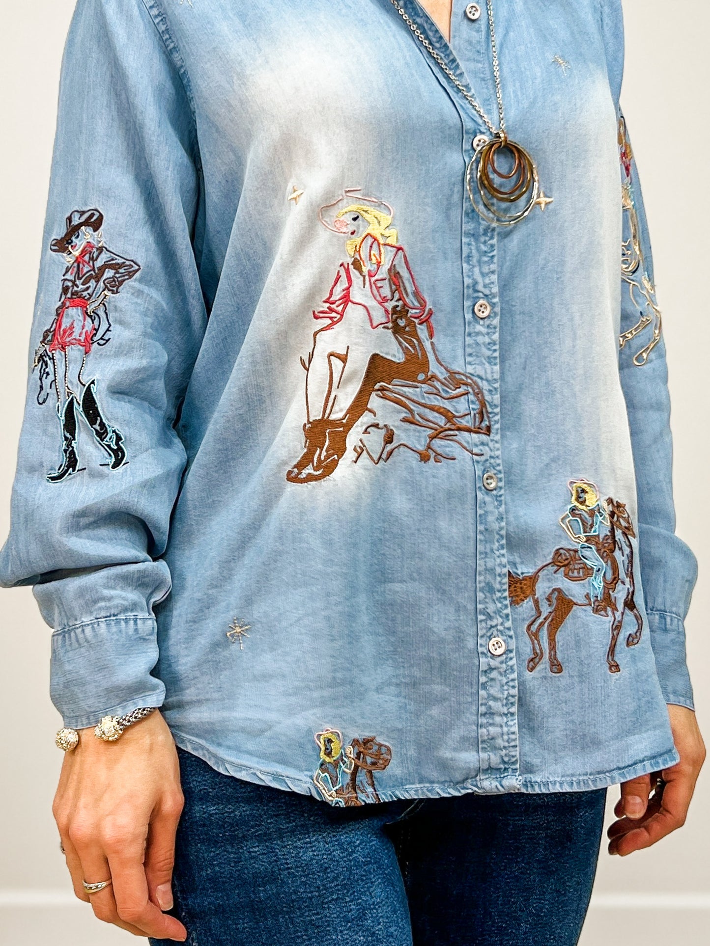 Western Motif Embroidered Tencel Shirt