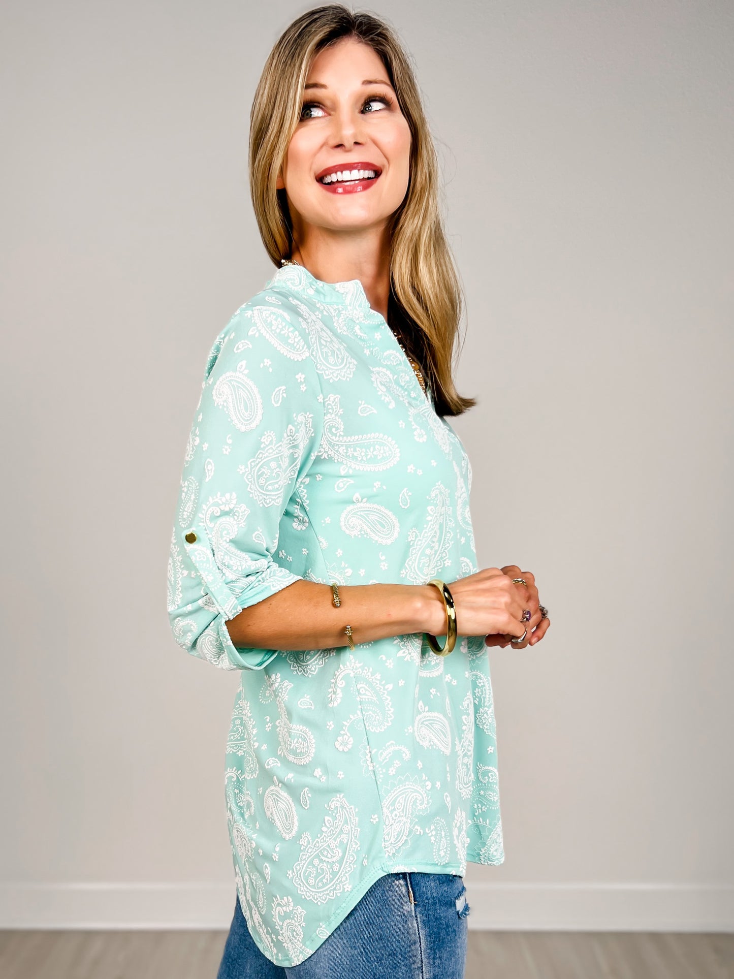 3/4 Sleeve Top with Split Neckline