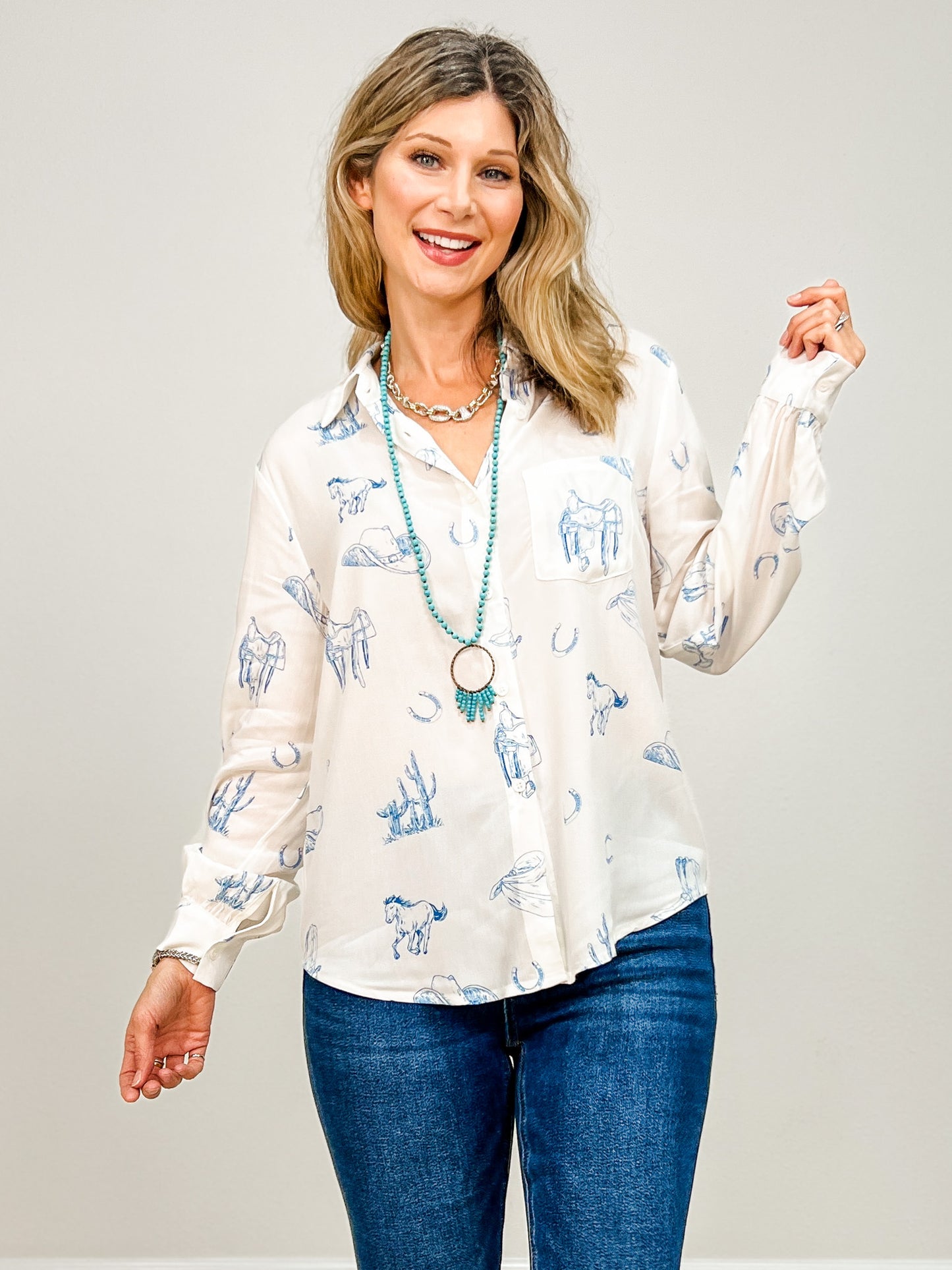 Western Print Button-Up Top