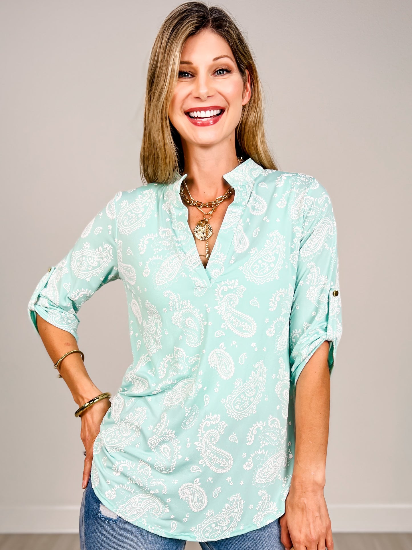 3/4 Sleeve Top with Split Neckline