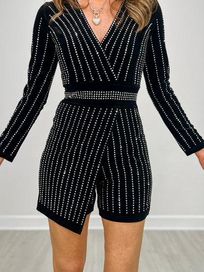 Black Velvet Rhinestone Detail Long Sleeve V Neck Romper