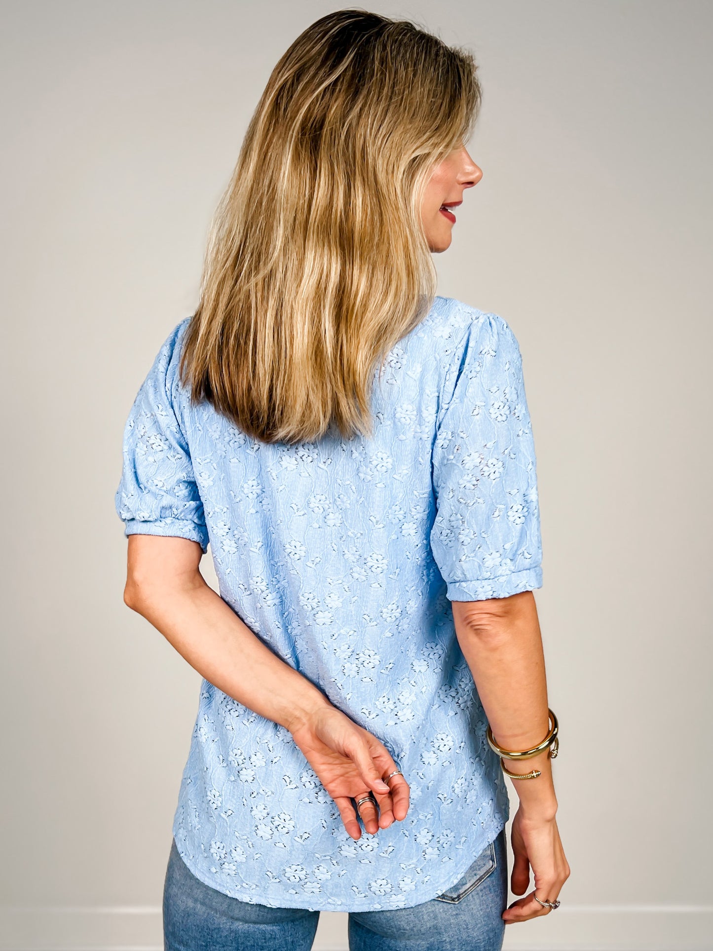 Short Sleeve Split Neckline Solid Top with Floral Detail