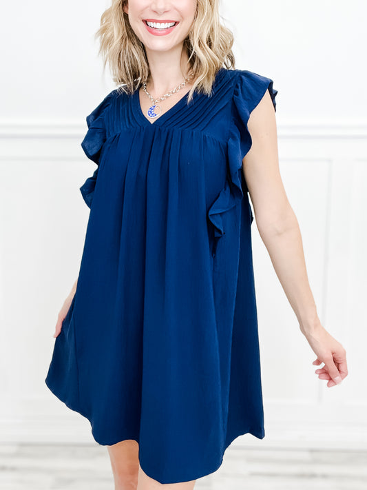 Going to the Derby V-Neck Shift Dress with Ruffle Sleeves and Pleat Detail