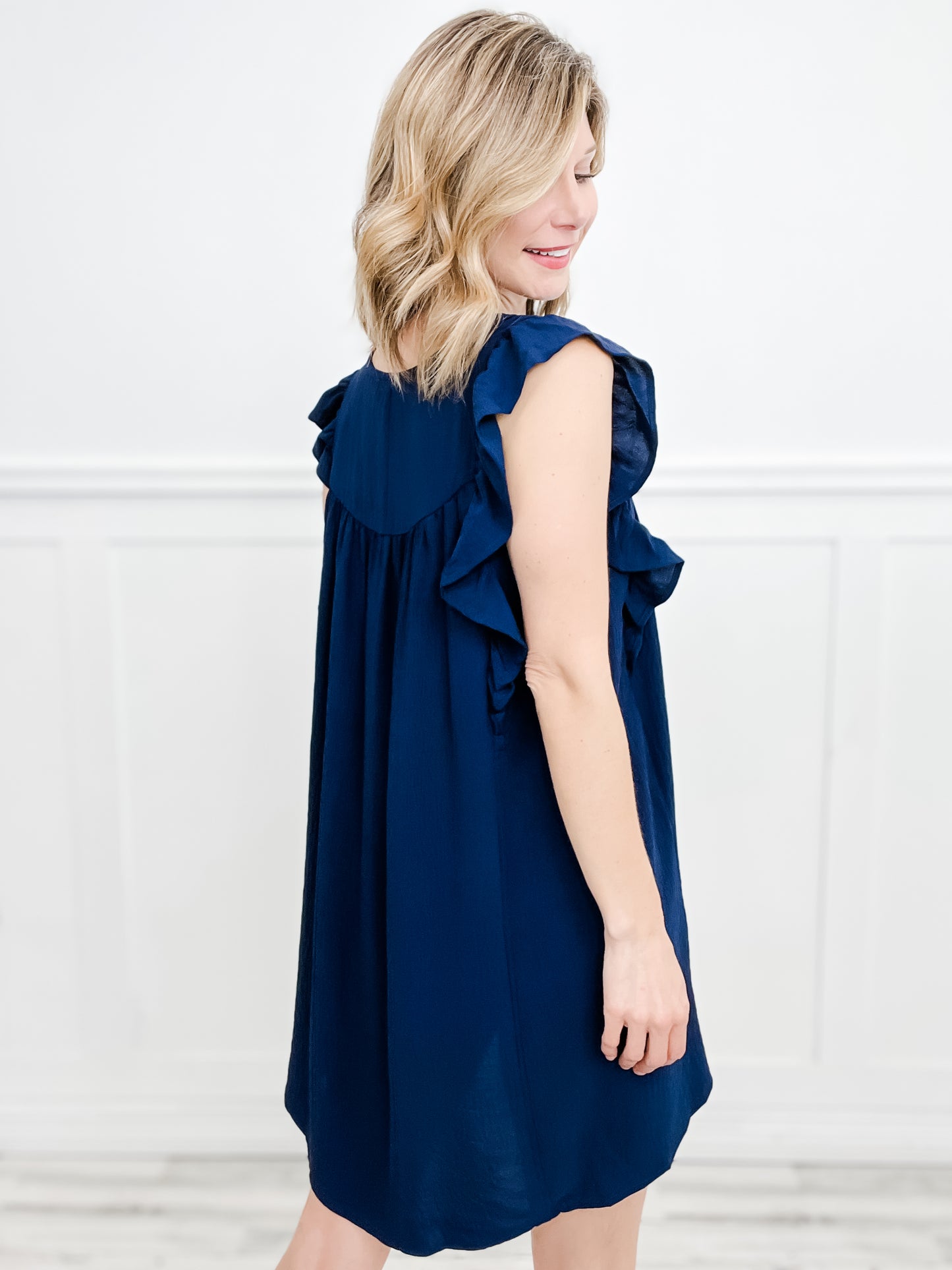 Going to the Derby V-Neck Shift Dress with Ruffle Sleeves and Pleat Detail