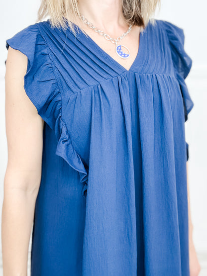 Going to the Derby V-Neck Shift Dress with Ruffle Sleeves and Pleat Detail