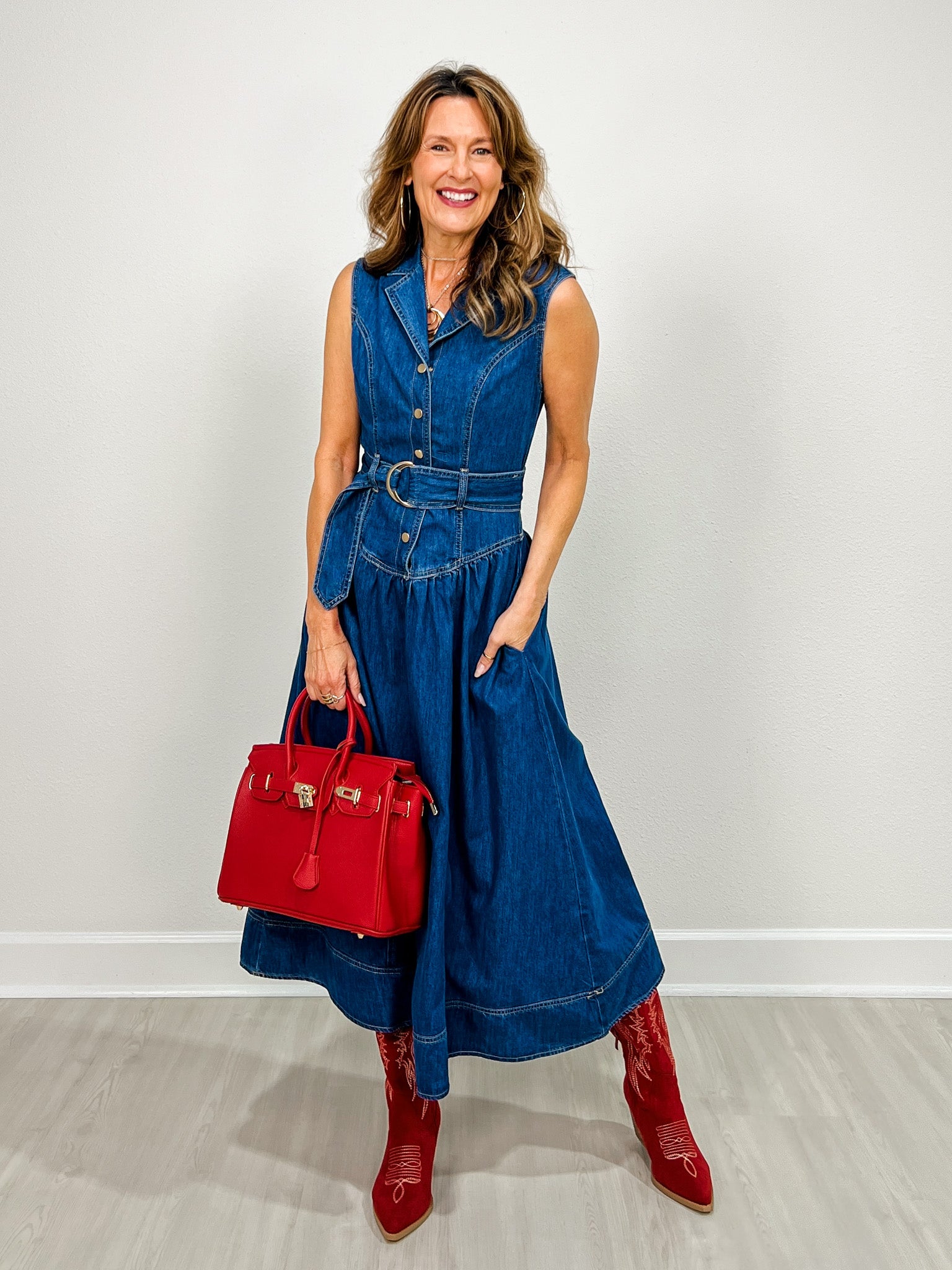 Collared Sleeveless Denim Maxi Dress with Belted Waist