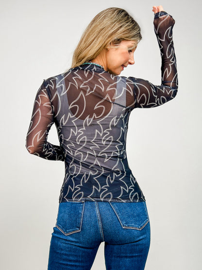 Boots Stitch Throughout Mesh Mock Neck Fitted Top