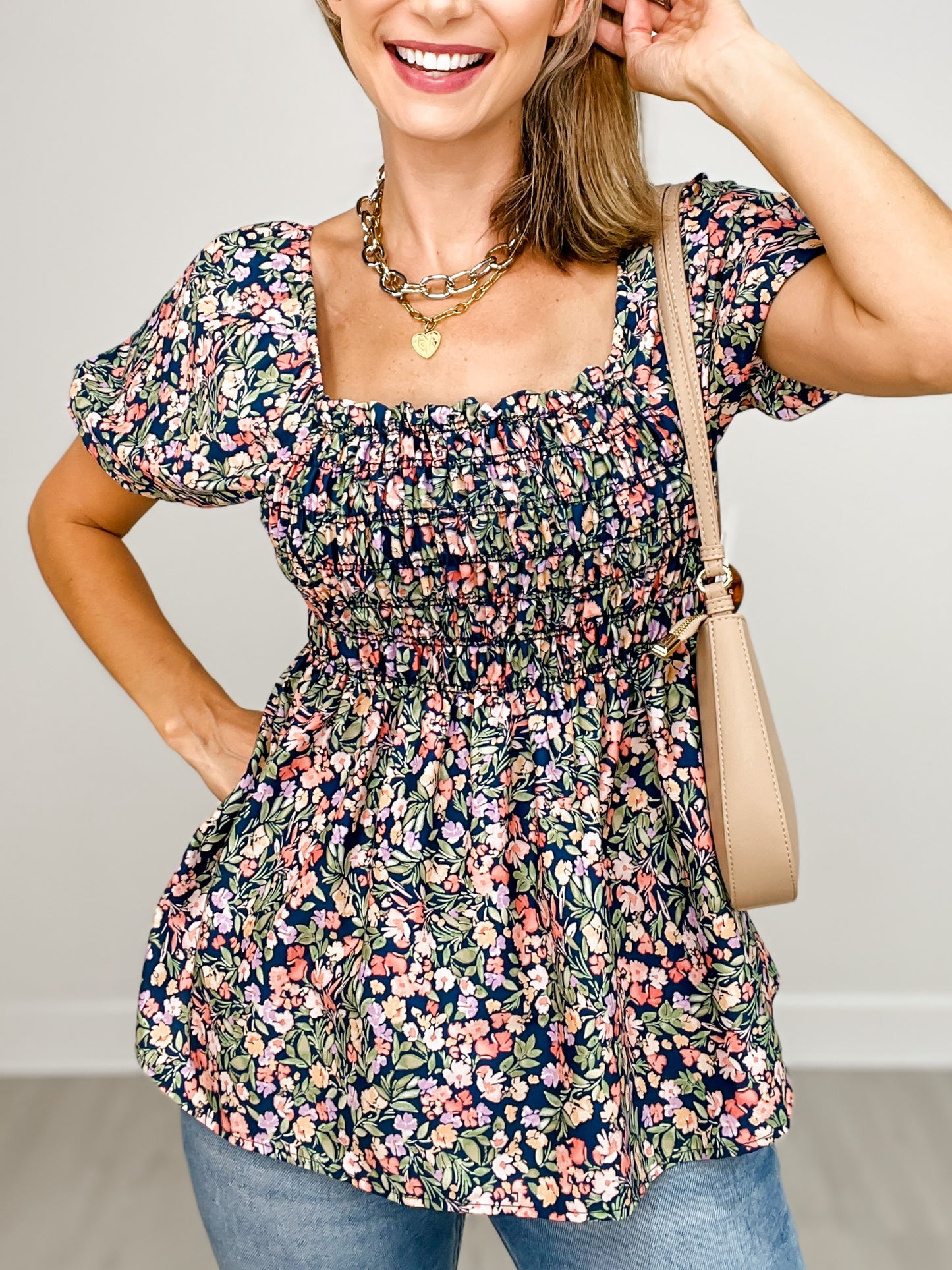 Floral Print Top with Elastic Neckline and Sleeves