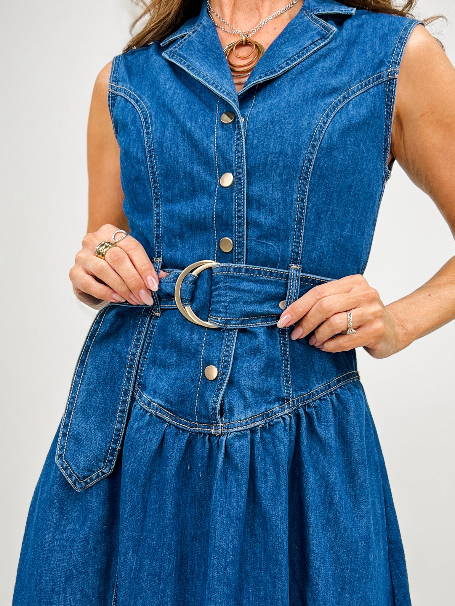Collared Sleeveless Denim Maxi Dress with Belted Waist
