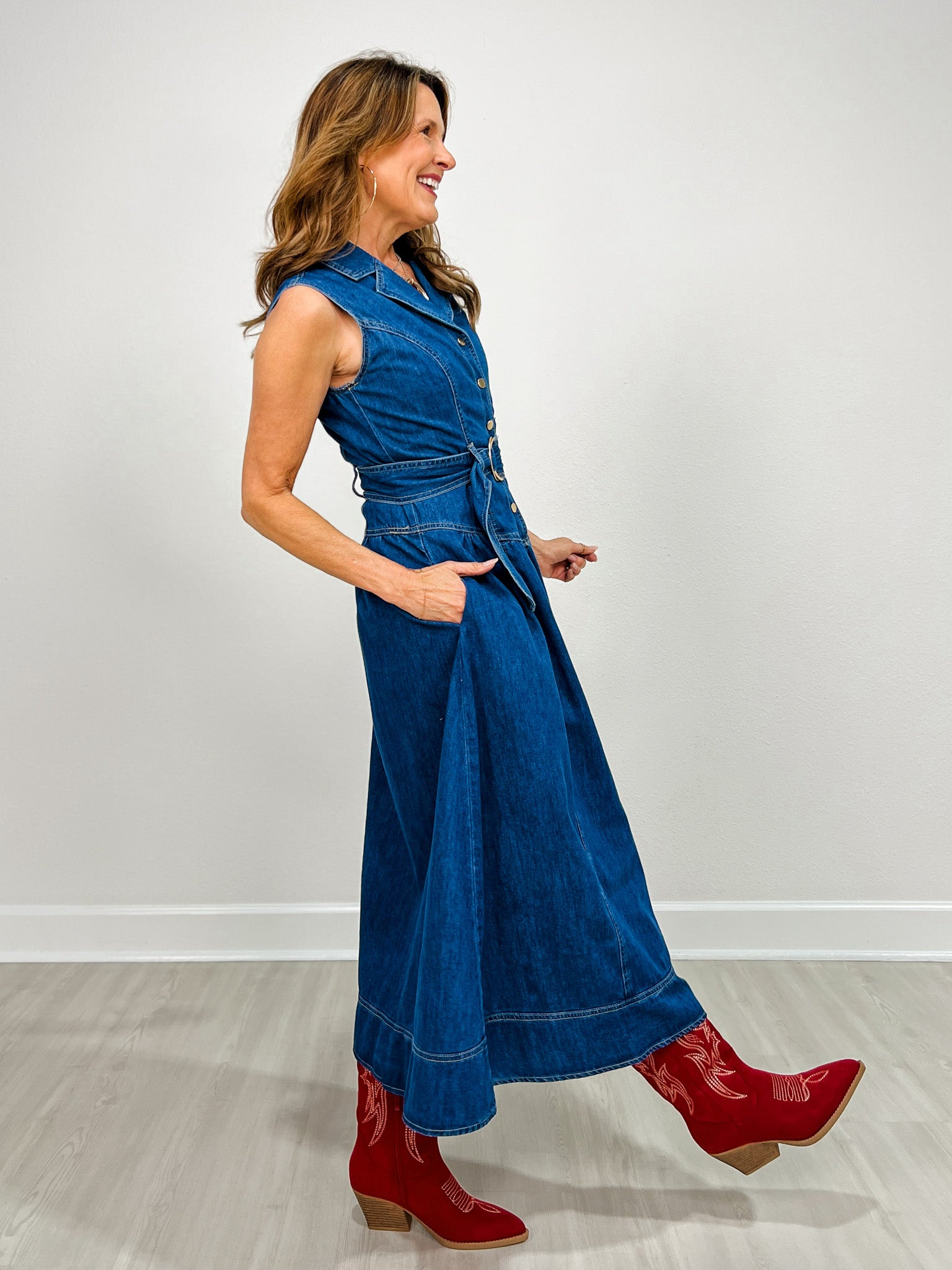 Collared Sleeveless Denim Maxi Dress with Belted Waist