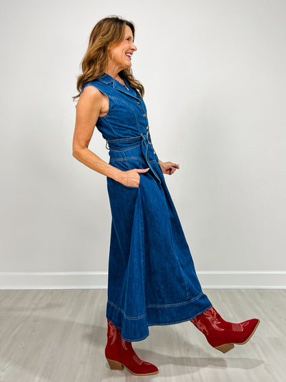 Collared Sleeveless Denim Maxi Dress with Belted Waist