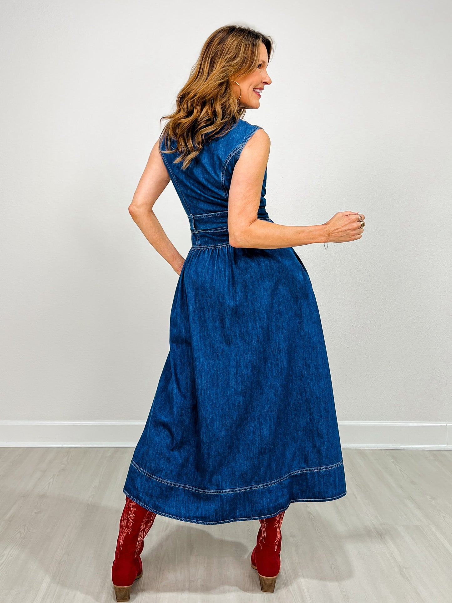 Collared Sleeveless Denim Maxi Dress with Belted Waist