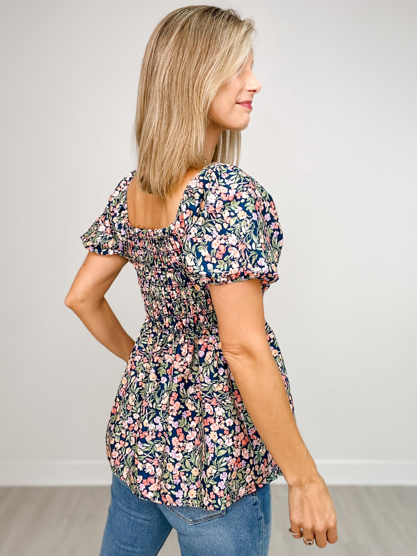 Floral Print Top with Elastic Neckline and Sleeves