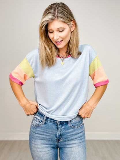 Short Sleeve Color Block Waffle Top