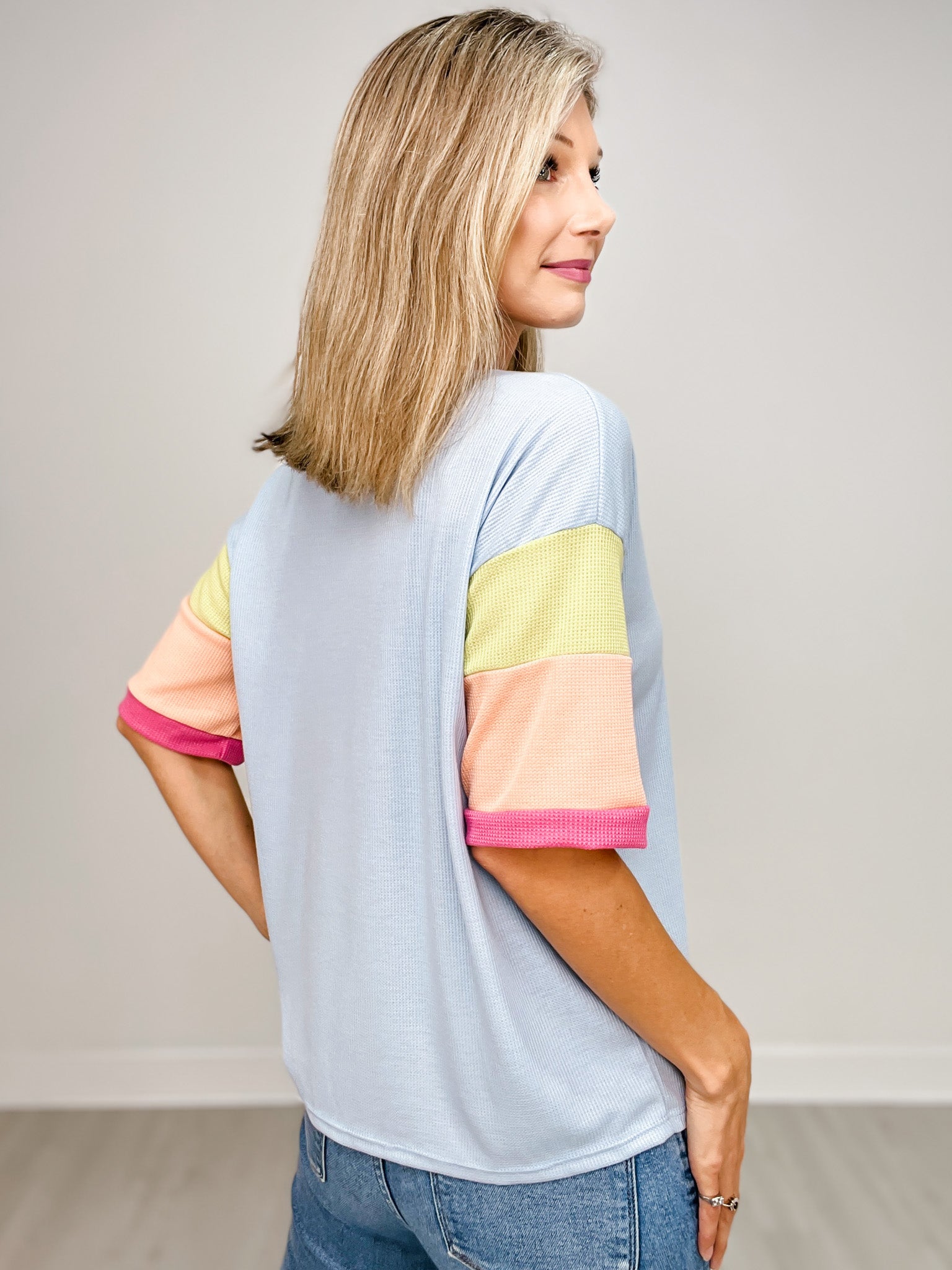 Short Sleeve Color Block Waffle Top