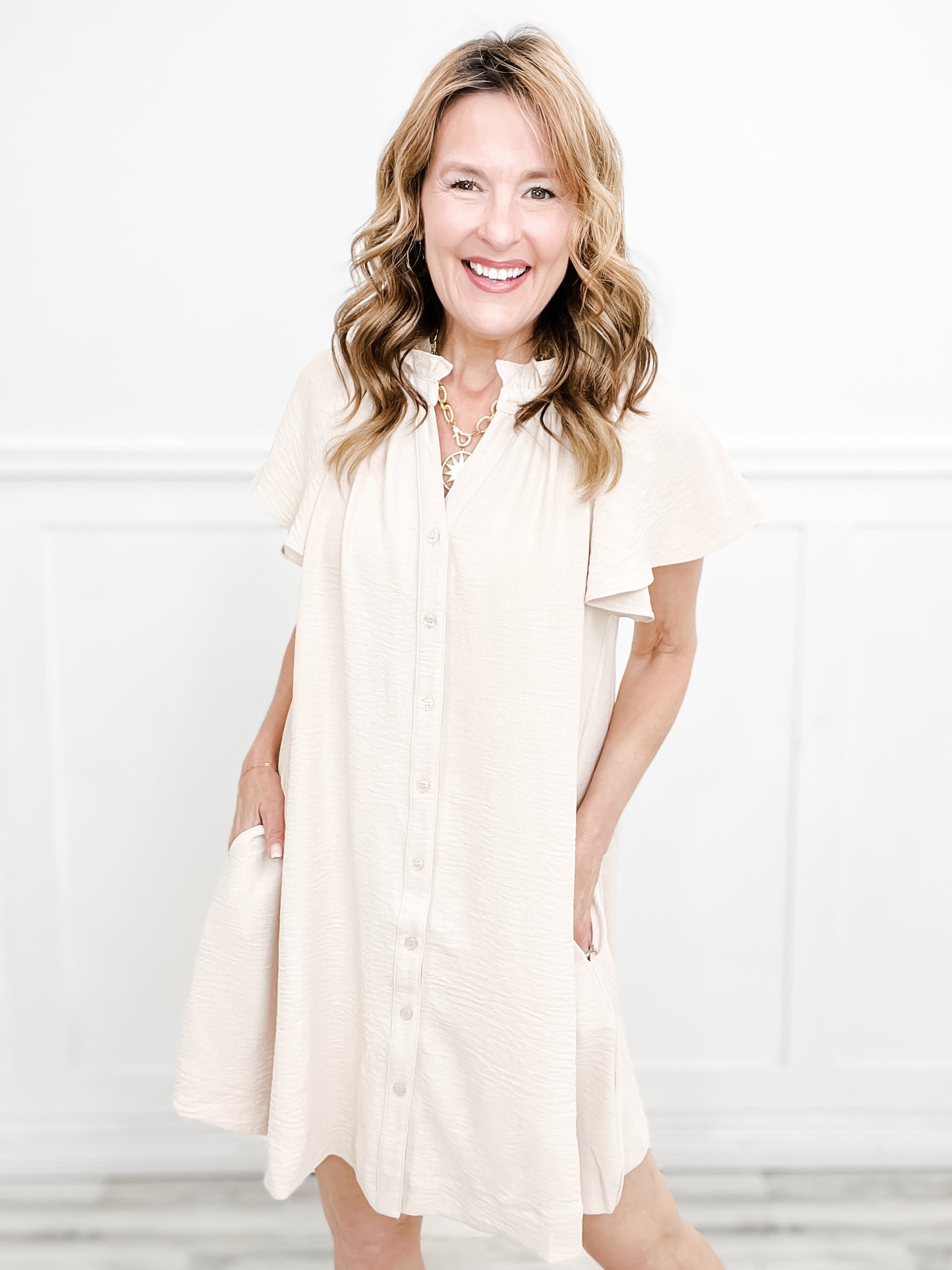 A-Line Button Down Ruffle V-Notched Short Dress with Flowy Sleeves & Side Pockets