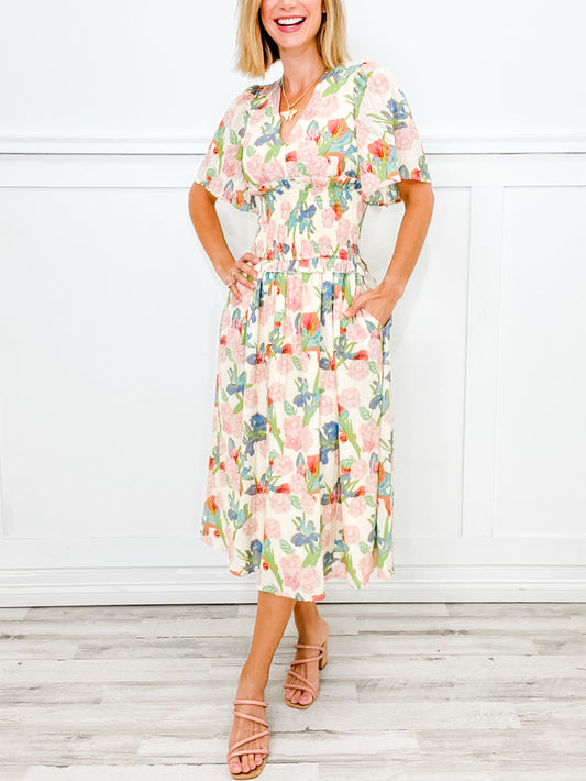 Nothing Sweeter Floral Print Smocked Waist Short Sleeve Midi Dress