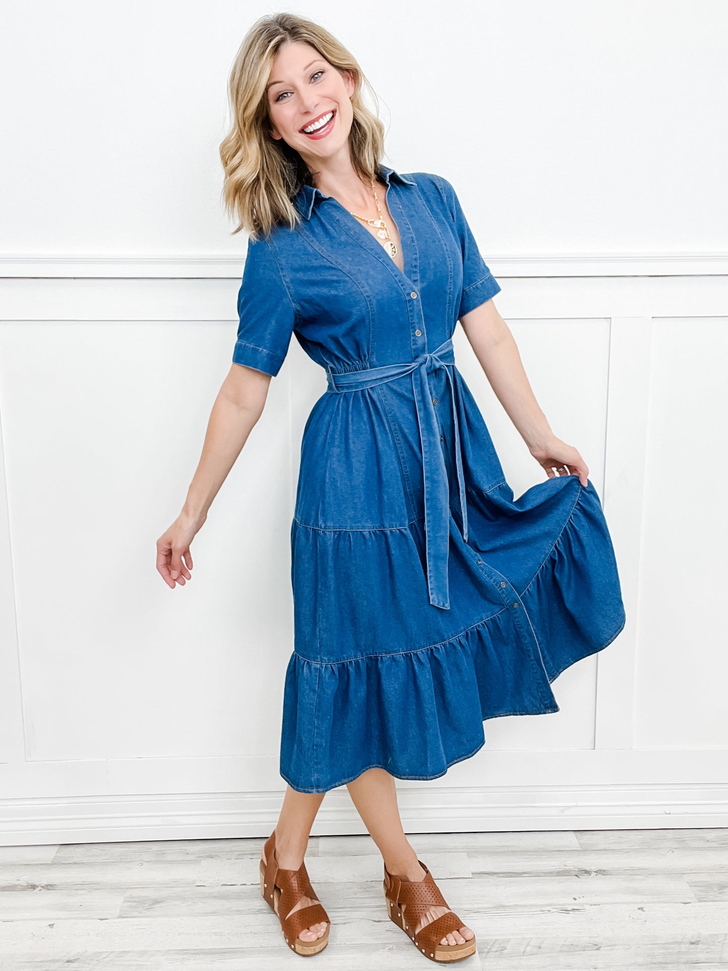 She's Gone Country Button Down Collared Midi Denim Dress