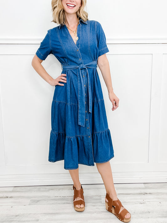 She's Gone Country Button Down Collared Midi Denim Dress