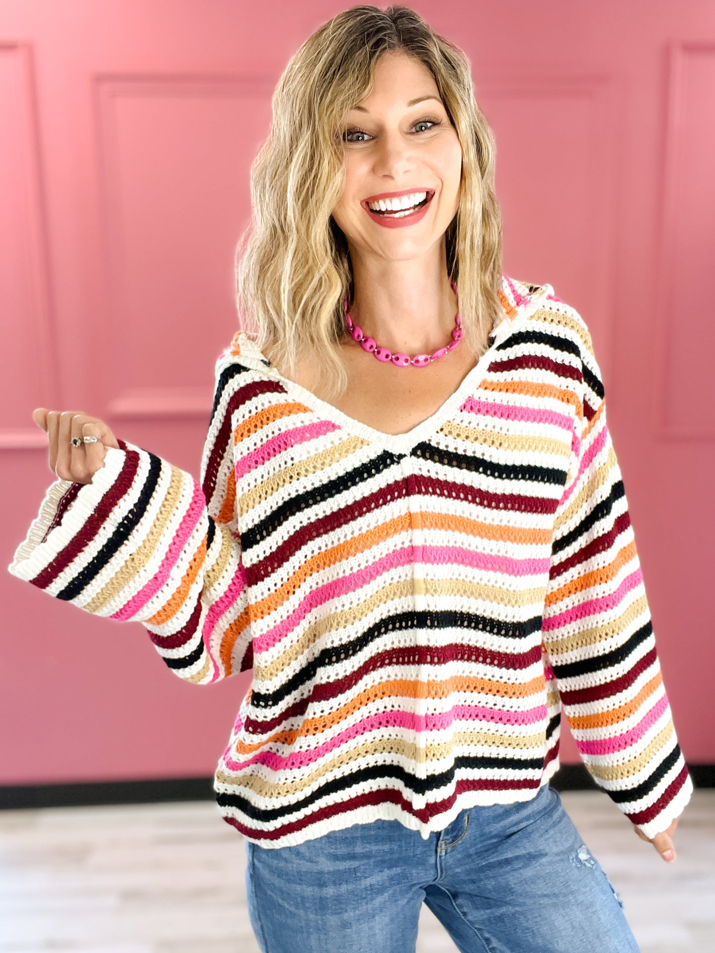 V-Neck Hooded Multi Color Stripe Pullover Sweater