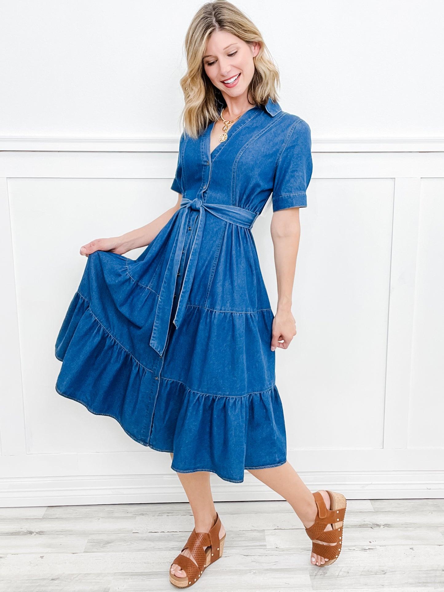 She's Gone Country Button Down Collared Midi Denim Dress